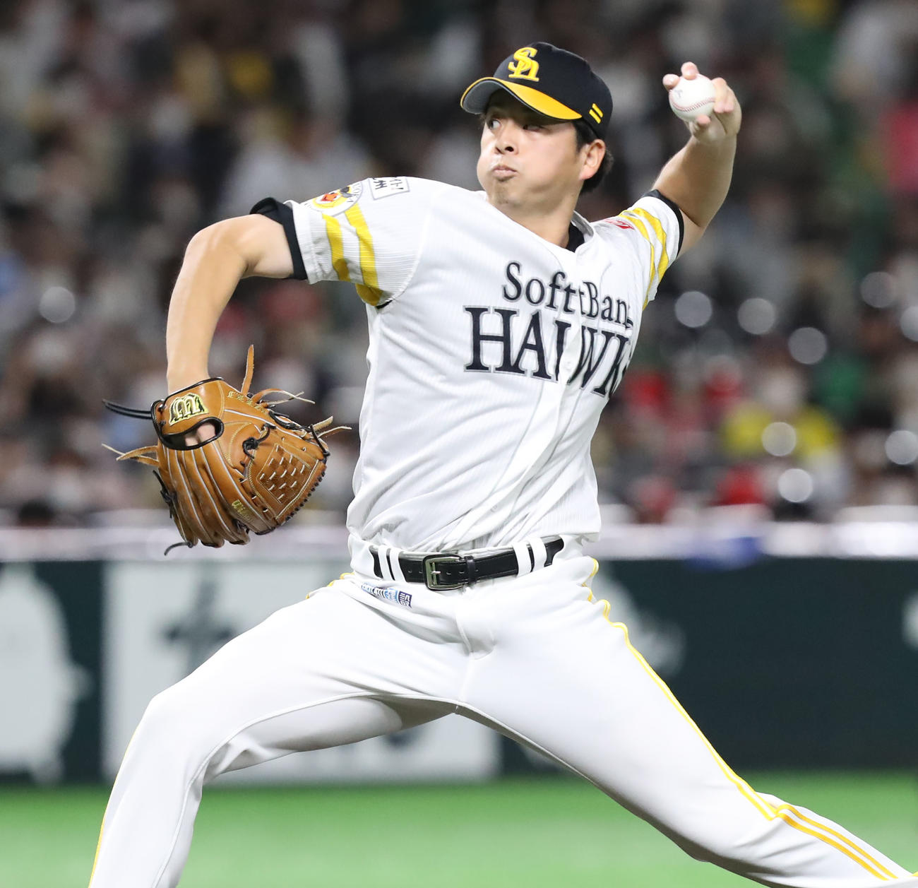 ソフトバンク対西武　6回表から登板した大関（撮影・屋方直哉）