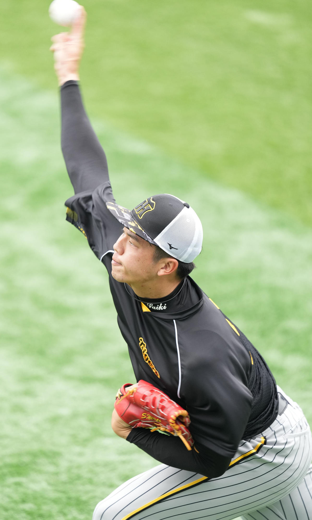 DeNA対阪神　試合前練習でキャッチボールする阪神才木（撮影・鈴木みどり）