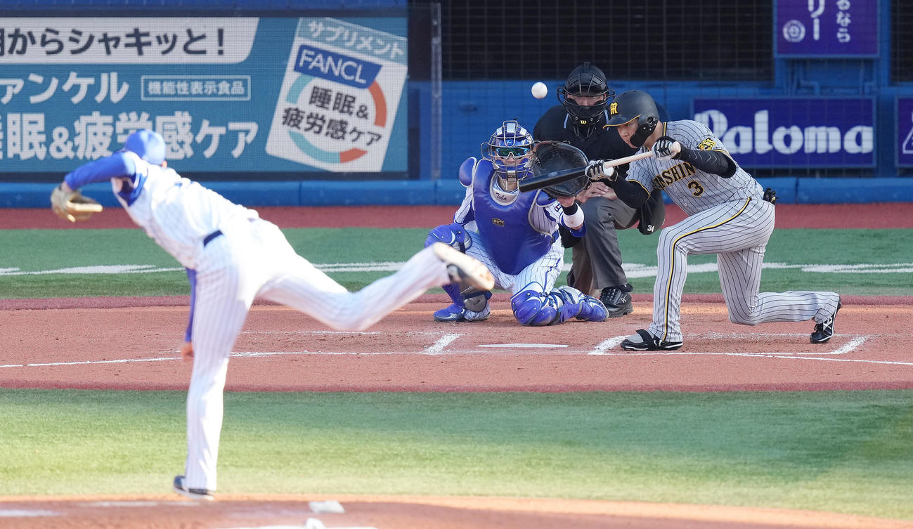 DeNA対阪神　6回表阪神無死二塁、送りバントを試みるも捕邪飛に倒れる大山。投手入江（撮影・鈴木みどり）