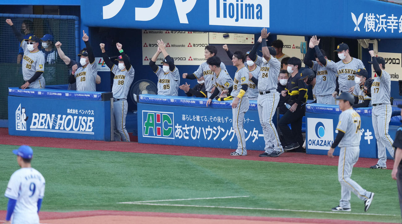 DeNA対阪神　6回表阪神1死二塁、原口の左適時打で二塁走者近本が生還し、盛り上がる阪神ベンチ。左から3人目は矢野監督（撮影・鈴木みどり）