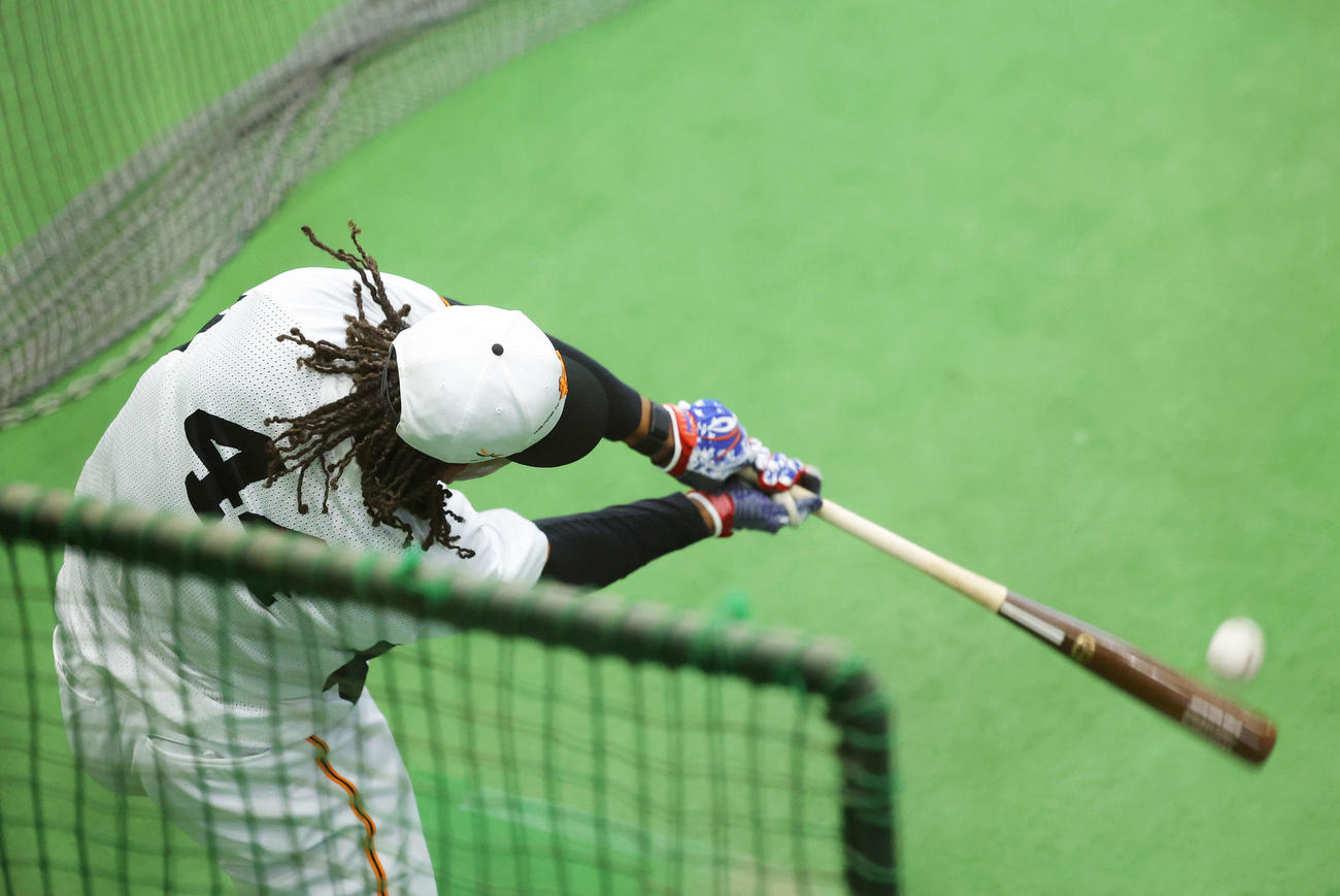 打撃練習する巨人ウォーカー（撮影・河田真司）