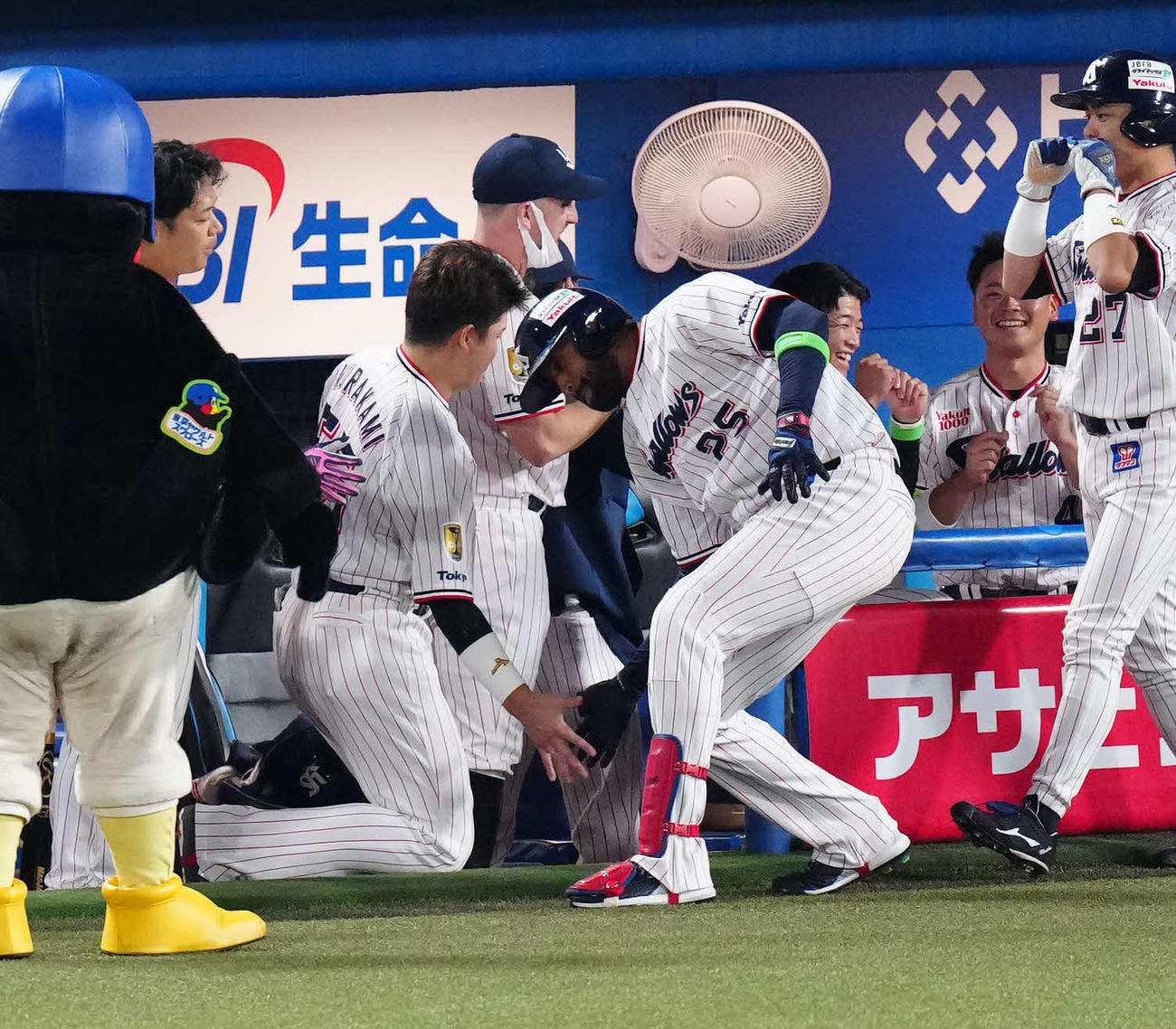 ヤクルト対阪神　6回裏ヤクルト無死一塁、2点本塁打を放ち、村上（中央左）とタッチを交わすサンタナ（撮影・江口和貴）