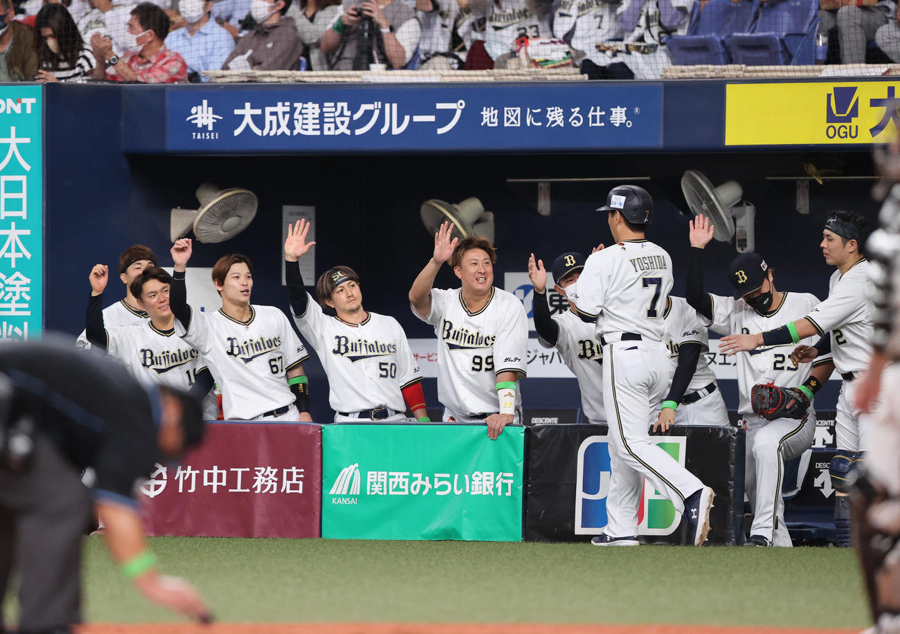 オリックス対ソフトバンク　7回裏オリックス1死、吉田正尚は右越え本塁打を放つ、ベンチのナインは大喜び（撮影・梅根麻紀）