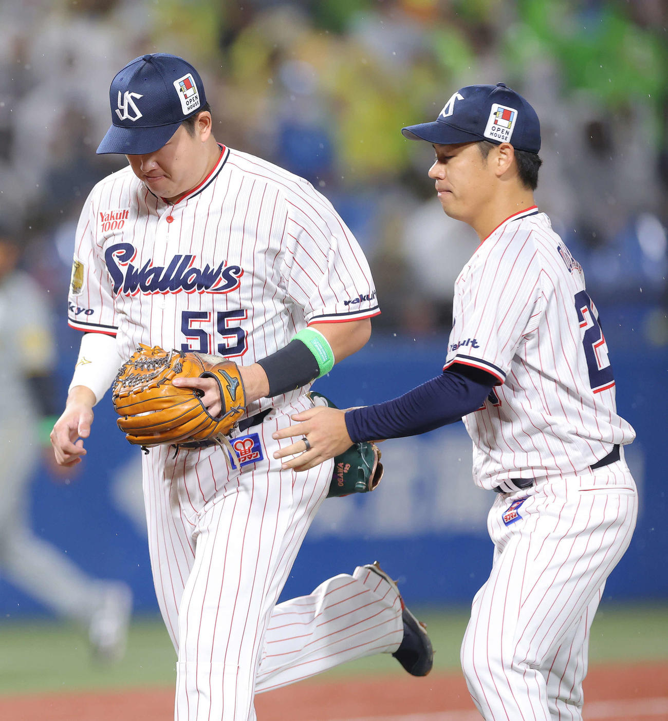 ヤクルト対阪神　3回表を抑え、村上（左）を迎える小川（撮影・河田真司）