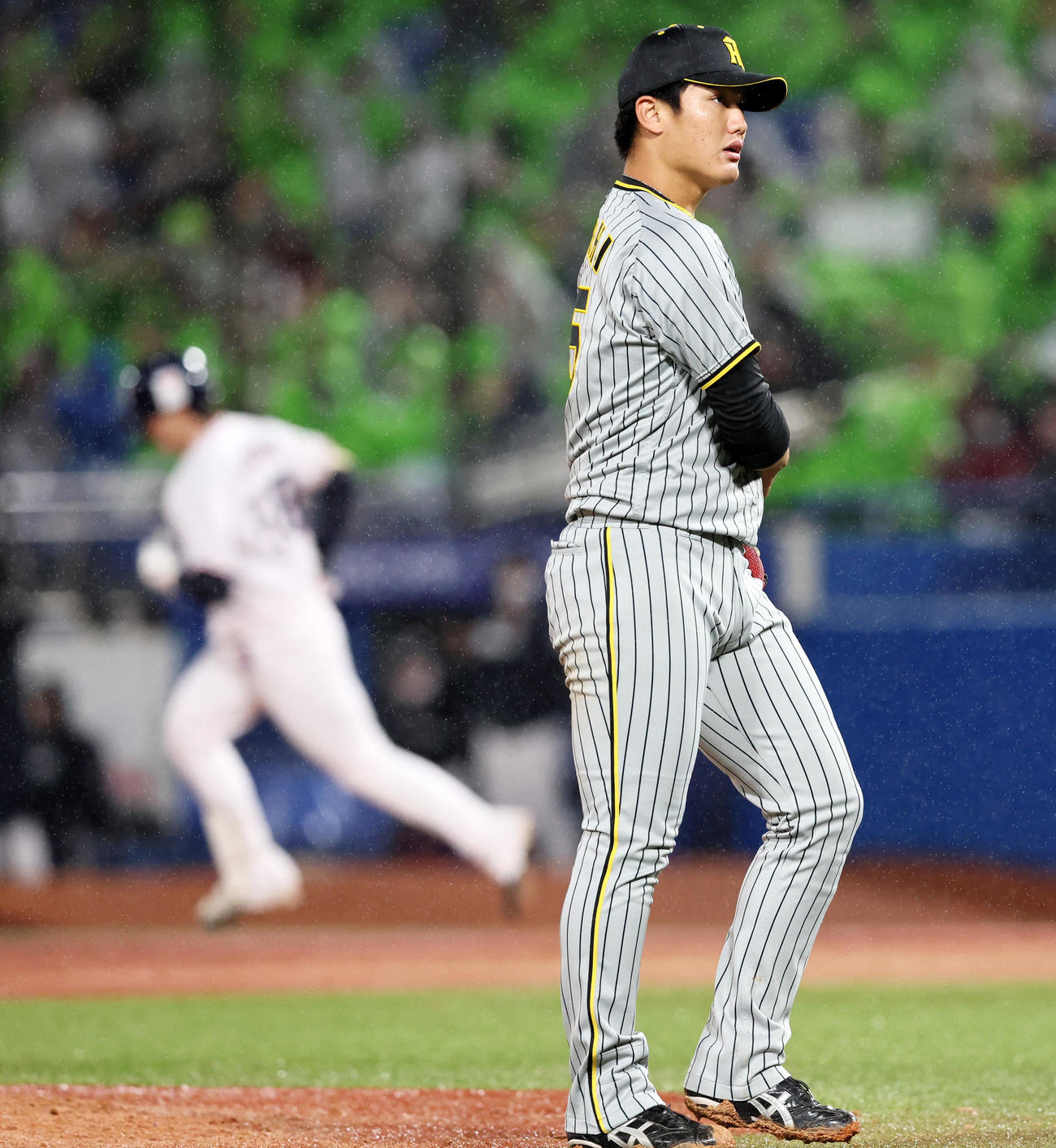 ヤクルト対阪神　4回裏ヤクルト1死、西純は長岡に右越え本塁打を浴びる（撮影・加藤哉）