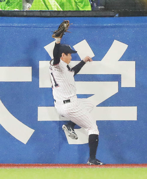 ヤクルト対阪神　2回表阪神無死一塁、梅野の左飛を好捕する山崎（撮影・河田真司）