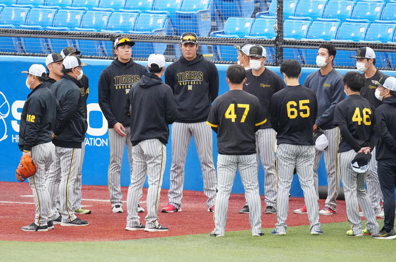 ヤクルト対阪神　練習前、円陣を組む阪神投手陣（撮影・江口和貴）