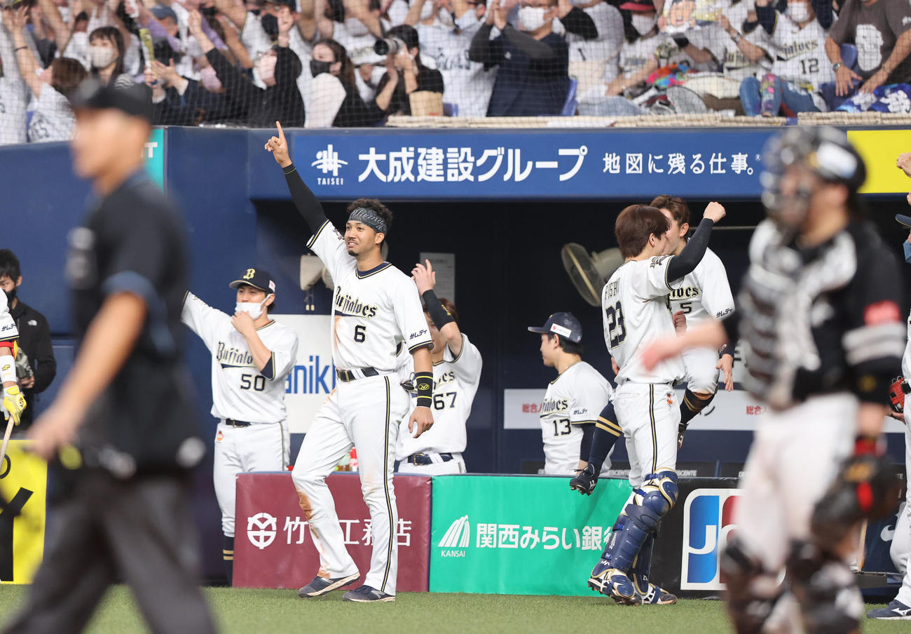 オリックス対ソフトバンク　5回裏オリックス1死二塁、杉本裕太郎は左越えに勝ち越しとなる2点本塁打を放つ、大喜びのナイン（撮影・梅根麻紀）