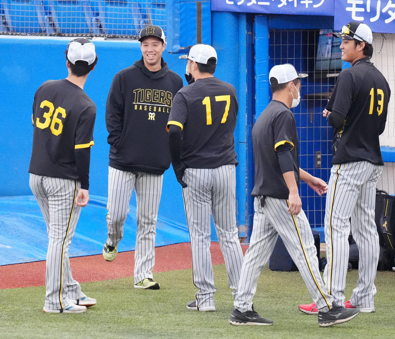 ヤクルト対阪神　練習前、リラックスした表情を見せる阪神青柳（左から2人目）（撮影・江口和貴）