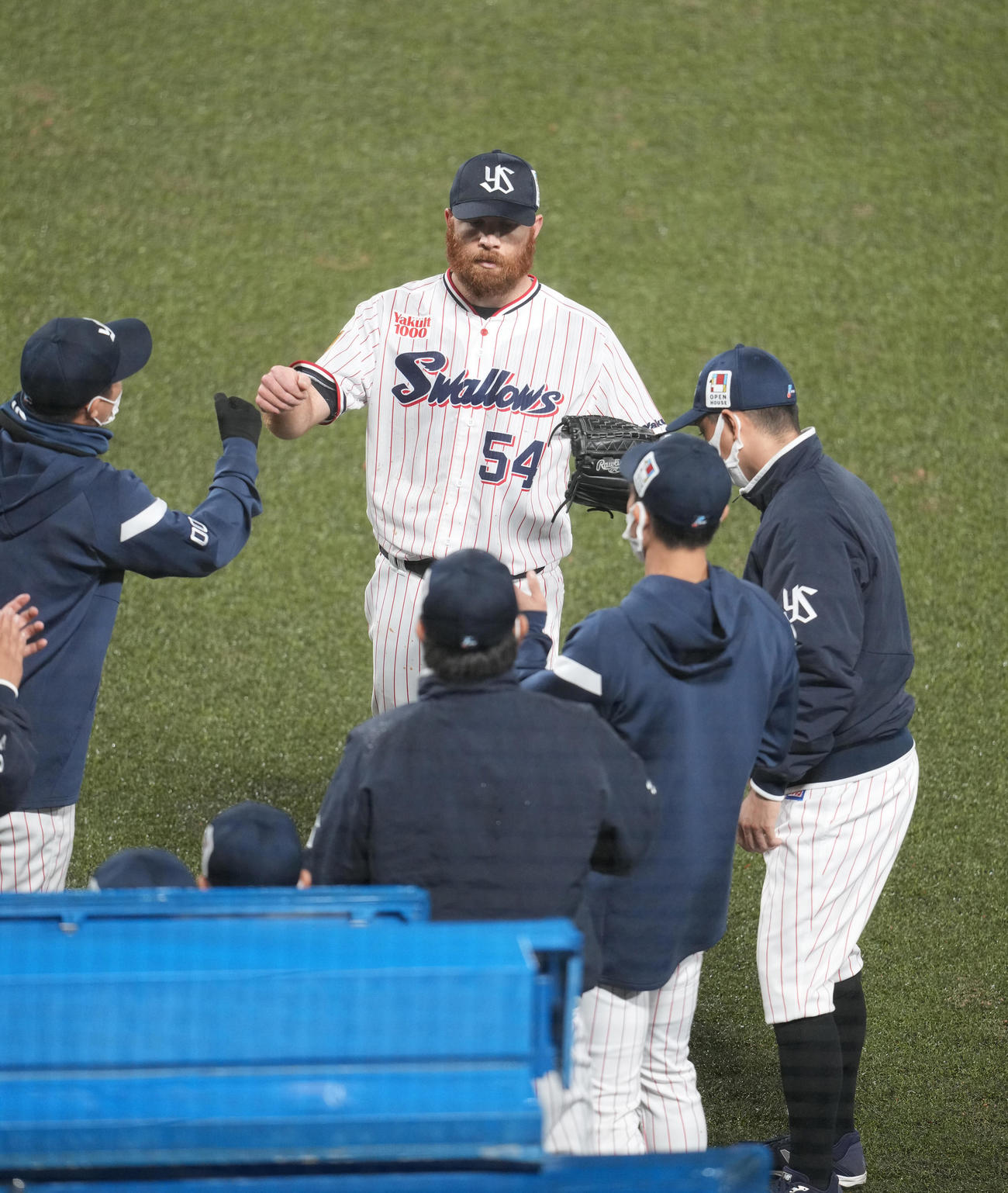 ヤクルト対阪神　6回表阪神2死一、二塁、降板するヤクルト先発サイスニードはベンチのナインの祝福を受ける（撮影・小沢裕）　
