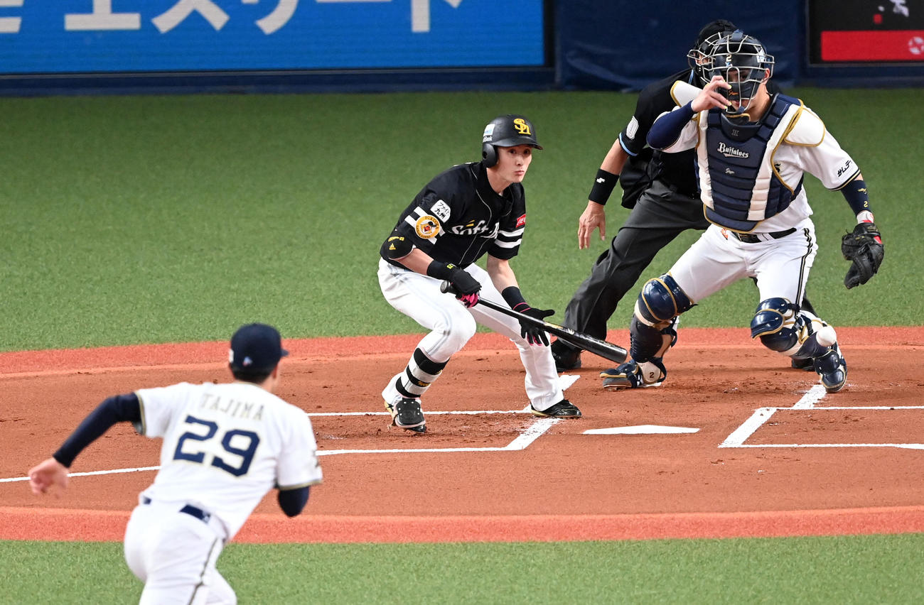 オリックス対ソフトバンク　1回表ソフトバンク無死一塁、周東は投前送りバントを決める。捕球した田嶋は一塁へ悪送球、先制点を許す（撮影・前岡正明）