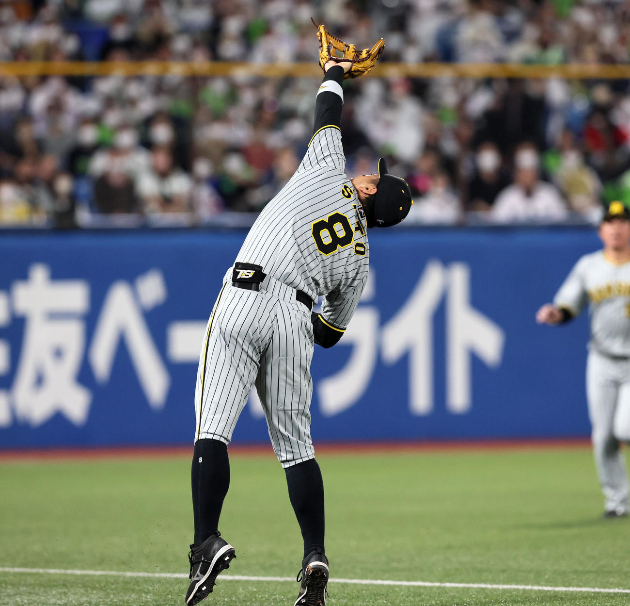 ヤクルト対阪神　1回裏ヤクルト2死一塁、佐藤輝は村上の邪飛を背走で捕球（撮影・加藤哉）