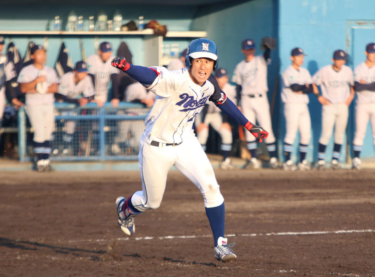 星槎道都大対東農大北海道　9回裏東農大北海道1死一、三塁で右前にサヨナラ適時打を放ち、ベンチに向かってガッツポーズする金子（撮影・山崎純一）