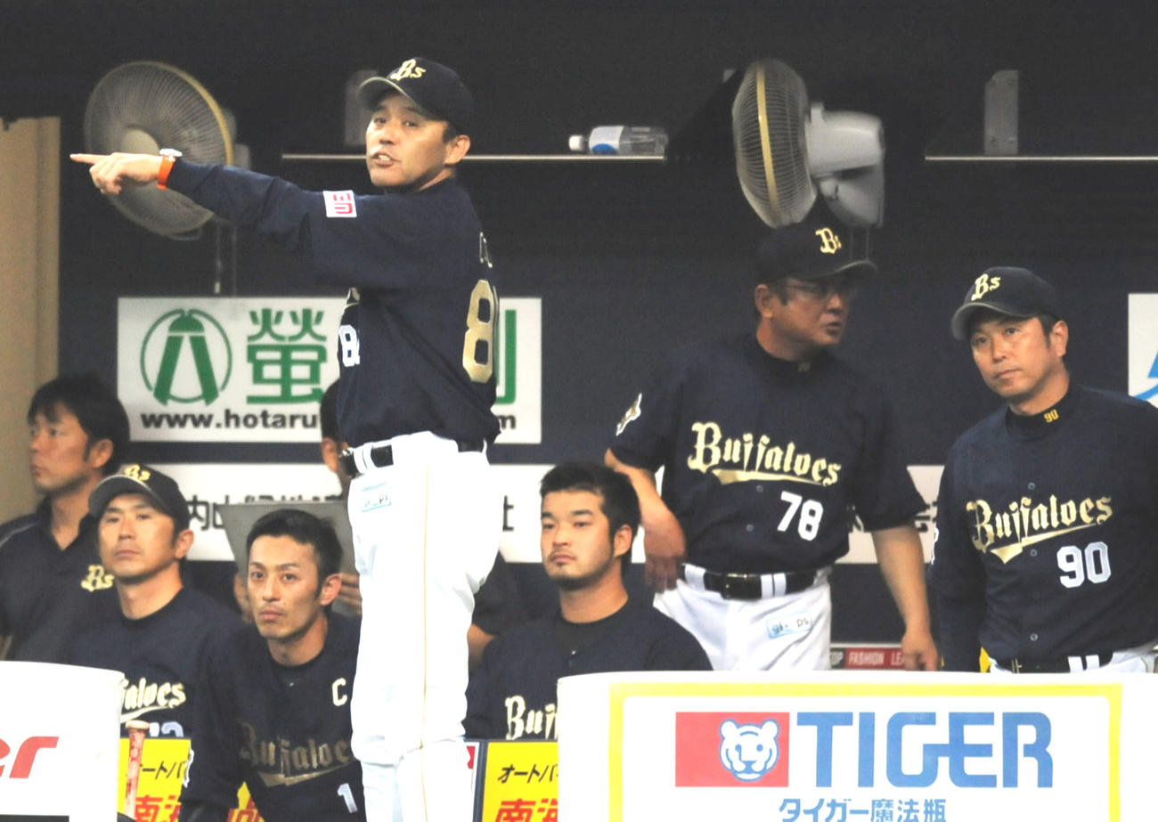 オリックス時代の岡田彰布監督と水口栄二コーチ（右端）（2012年撮影）