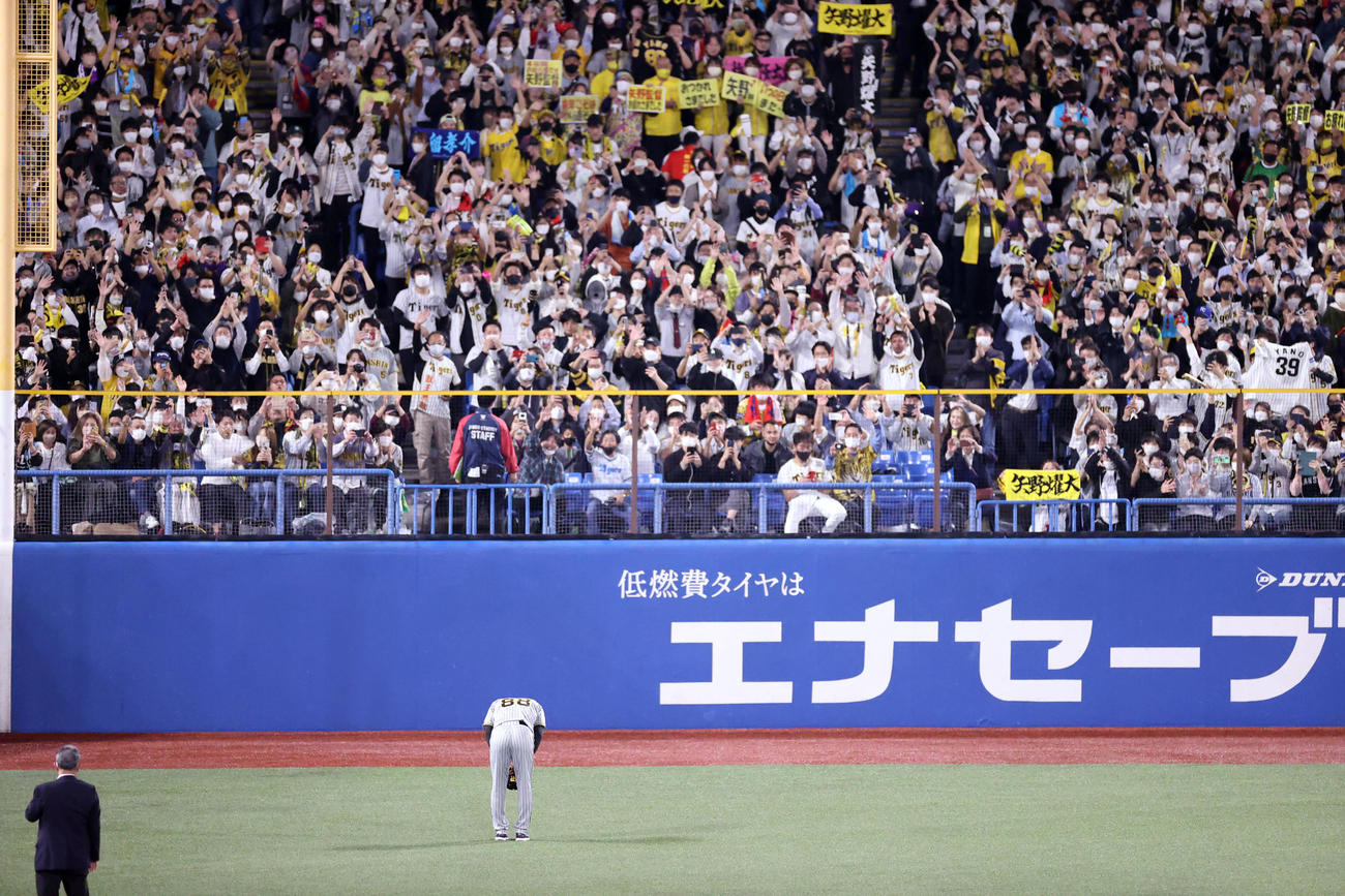 ヤクルト対阪神　試合後、レフトスタンドの阪神ファンに深々と一礼する矢野監督（撮影・狩俣裕三）