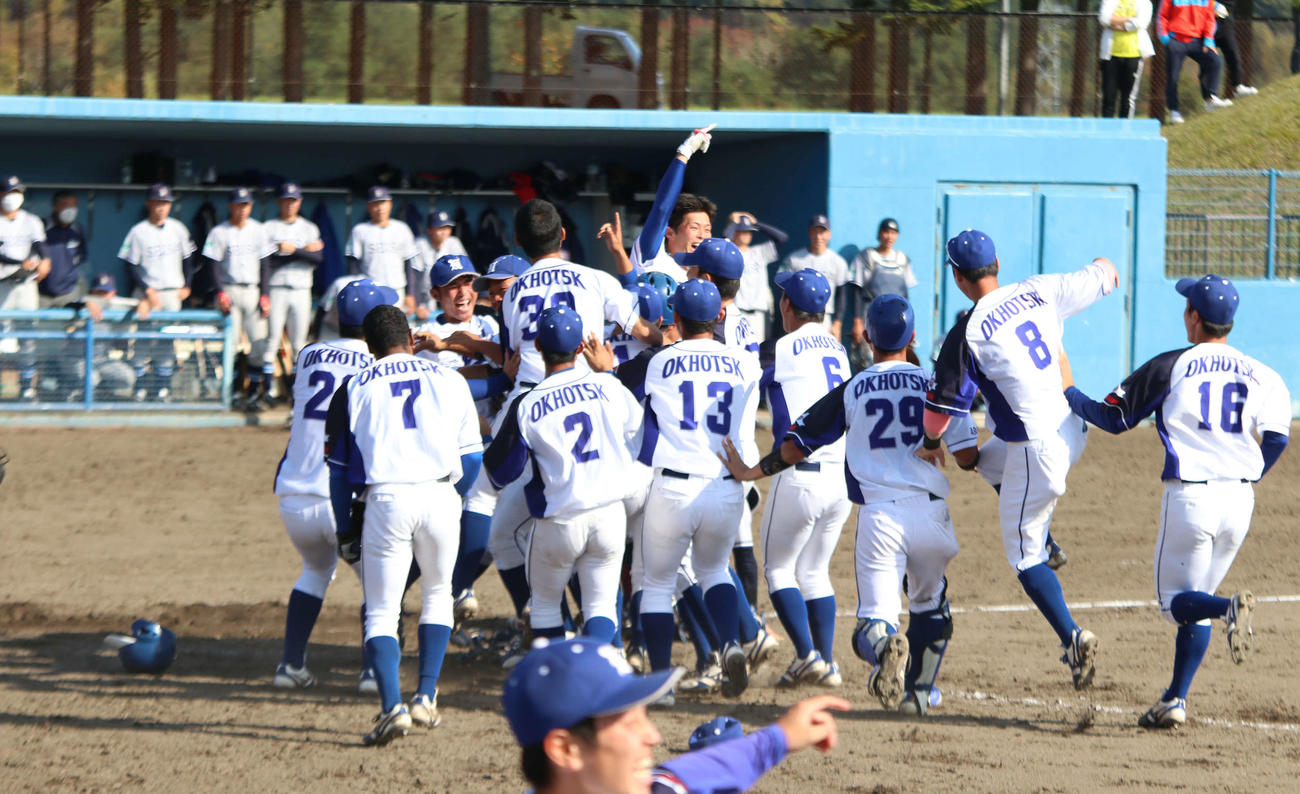 星槎道都大対東農大北海道　サヨナラ勝利で神宮への切符をつかみ喜ぶ東農大北海道の選手たち（撮影・山崎純一）