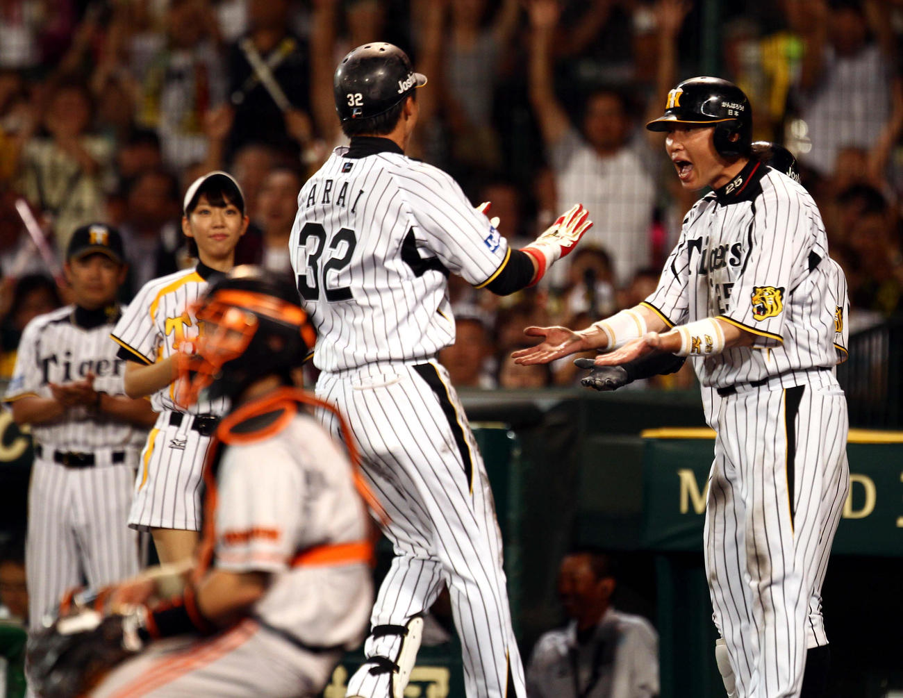 2012年7月17日、阪神－巨人戦の5回裏、2点本塁打を放った新井良（中央）を本塁で雄たけびを上げながら待ち受ける新井貴（右）。左後方は和田監督