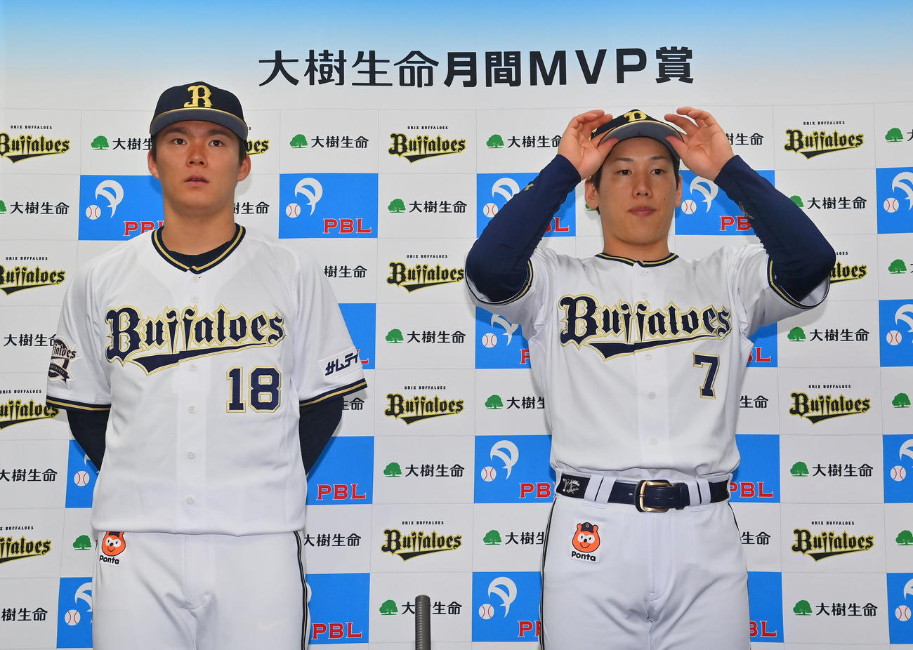 9，10月「大樹生命月間MVP賞」を受賞したオリックス山本（左）と吉田正