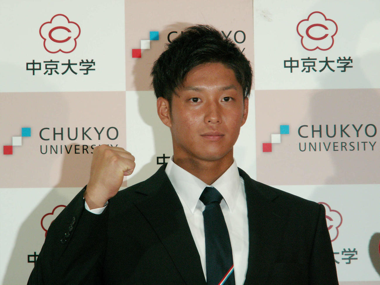 ヤクルトから3位指名を受けた中京大の沢井廉外野手（撮影・清水駿斗）