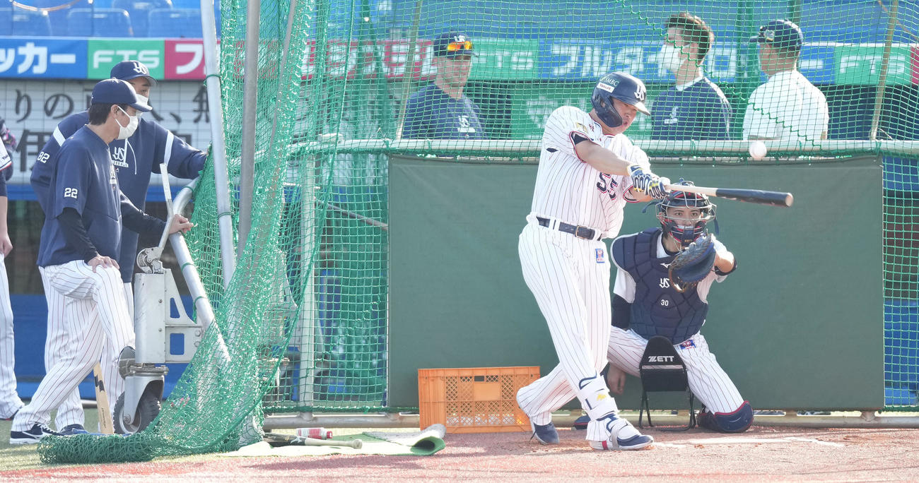フリー打撃を行うヤクルト村上。左は高津監督（撮影・鈴木みどり）