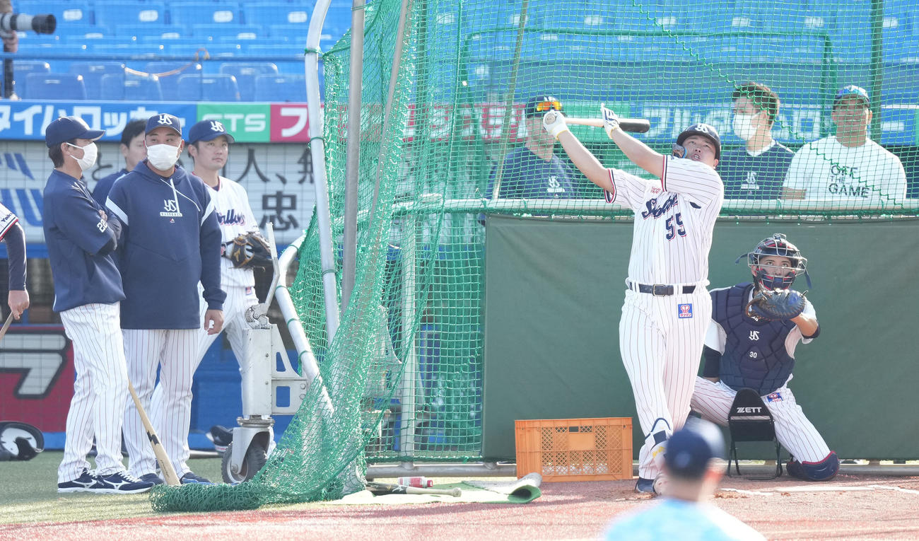 フリー打撃を行うヤクルト村上。左は高津監督（撮影・鈴木みどり）
