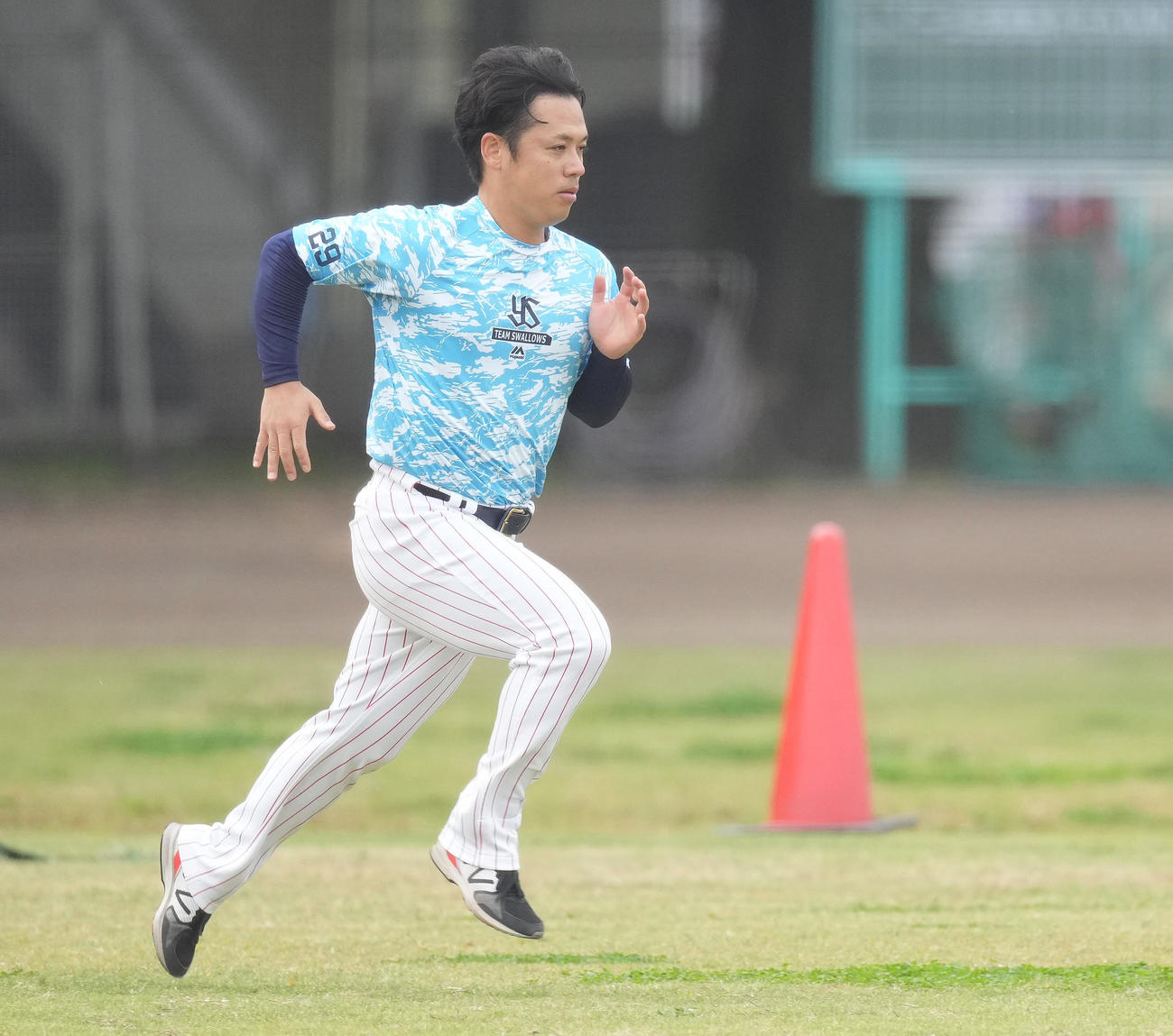 ヤクルト対オリックス　試合前練習で汗を流すヤクルト小川（撮影・鈴木みどり）