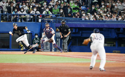 ヤクルト対オリックス　5回表オリックス2死一、三塁、杉本は三塁へ適時内野安打を放つ（撮影・加藤哉）