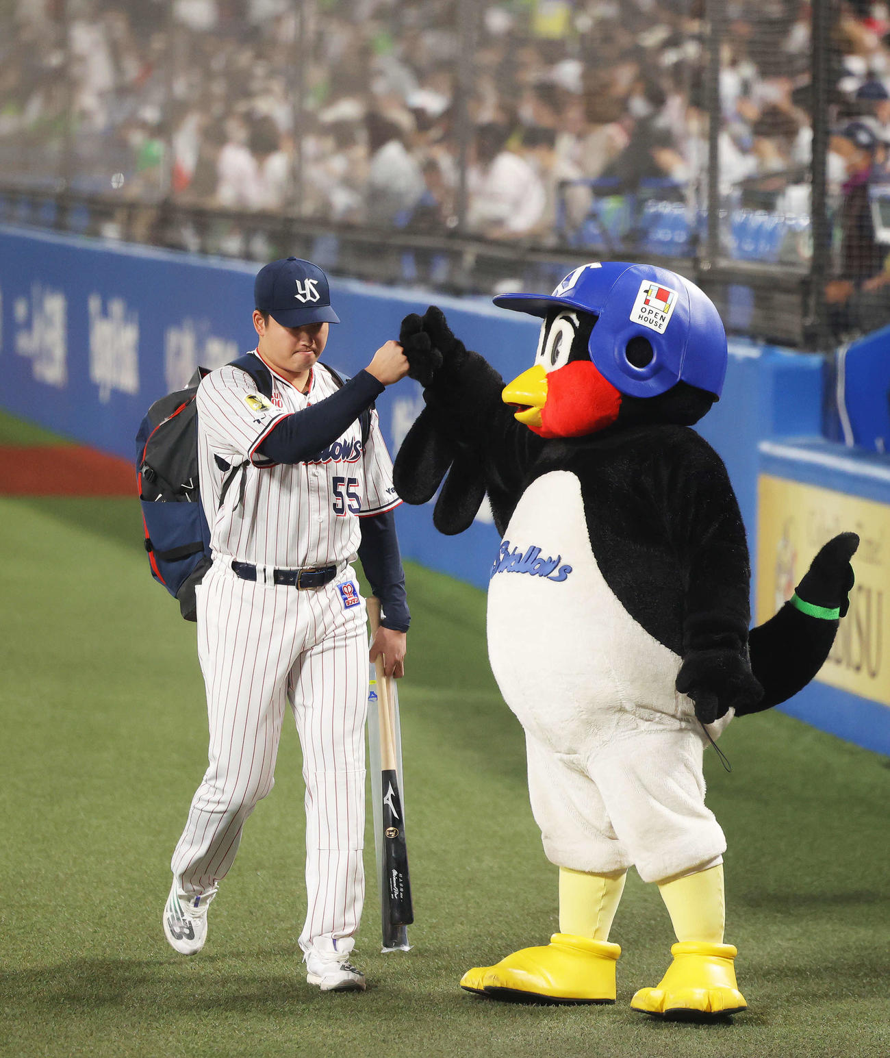 ヤクルト対オリックス　試合前、グータッチを交わすヤクルト村上宗隆（左）とつば九郎（撮影・河田真司）
