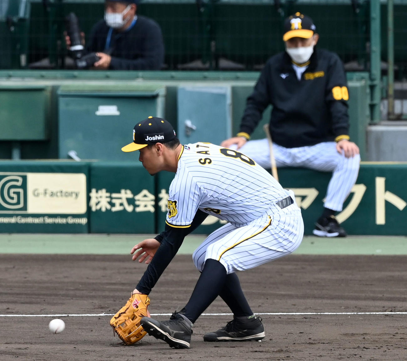 秋季練習初日、佐藤輝の三塁ノックを見守る岡田監督（撮影・前岡正明）