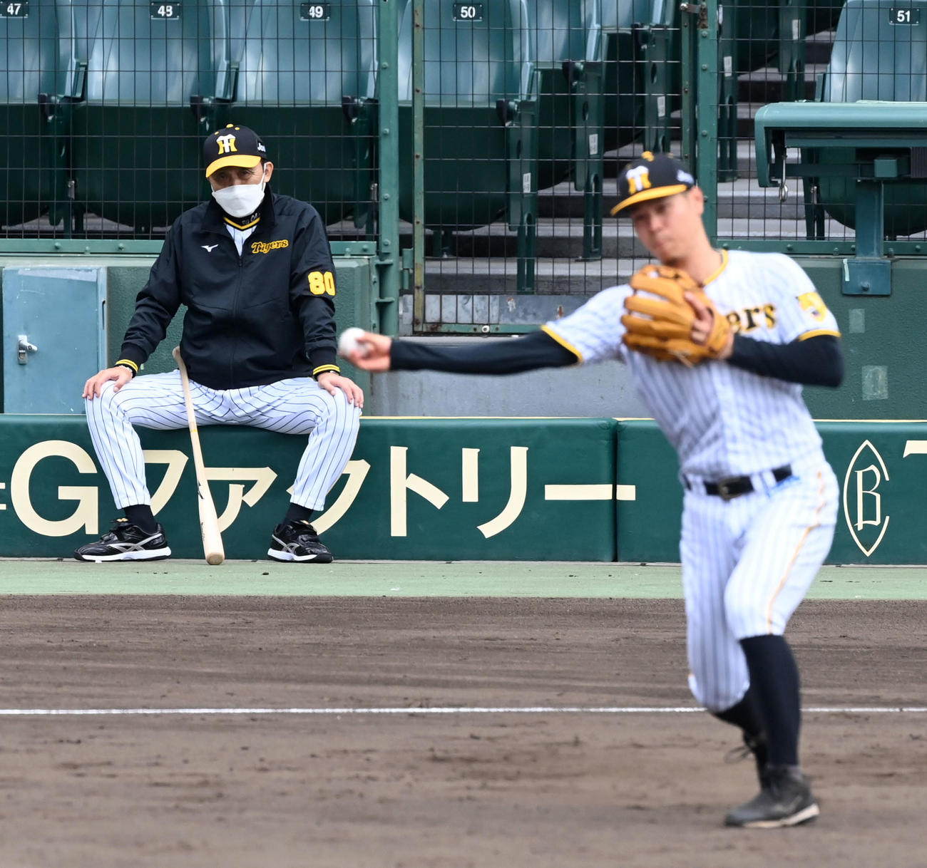 秋季練習初日、佐藤輝の三塁ノックを見守る岡田監督（撮影・前岡正明）