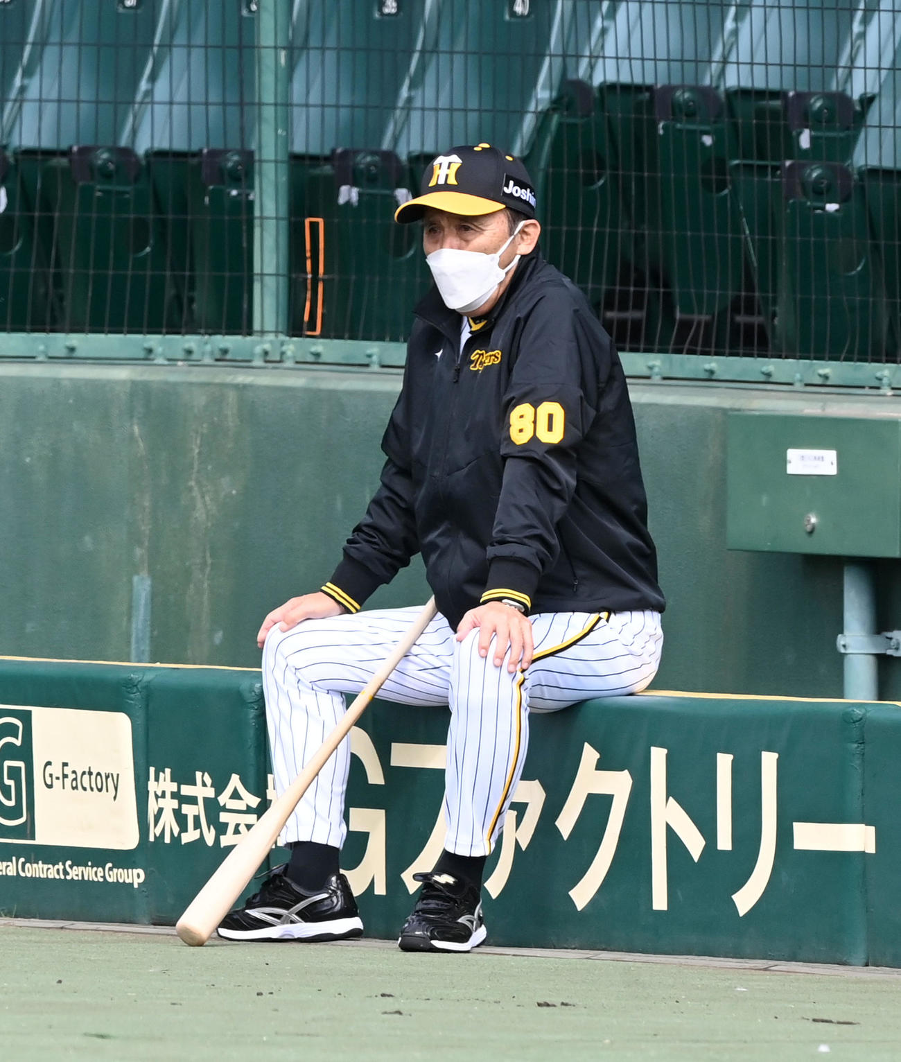 秋季練習初日、三塁のカメラマン席から練習を見る岡田監督（撮影・前岡正明）