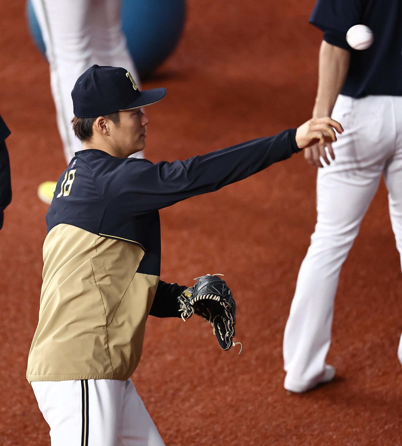 日本シリーズ第3戦　ヤクルト対オリックス　外野の壁に向かってボールを投げる山本（撮影・上田博志）