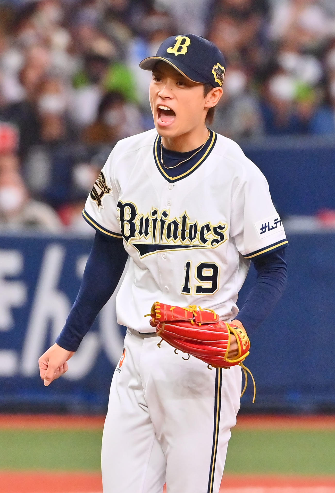 オリックス対ヤクルト　3回表ヤクルト2死一、二塁、村上を空振り三振に打ち取り声をあげる山岡（撮影・和賀正仁）