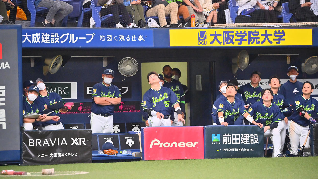 オリックス対ヤクルト　9回表ヤクルト2死二塁、内山が捕邪飛を打ち上げ試合終了となる、左から2人目は高津監督、同4人目は村上（撮影・和賀正仁）