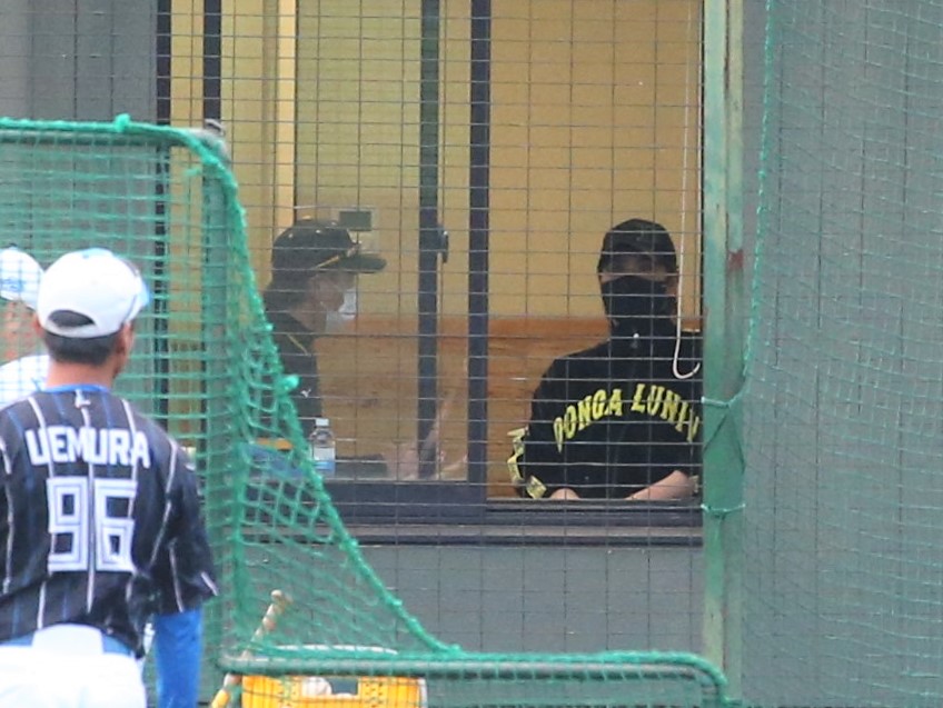 フェニックスリーグ　日本ハム対阪神　試合後の練習中、バックネット裏の部屋で話をする阪神和田2軍監督（左）と日本ハム新庄監督（撮影・黒川智章）