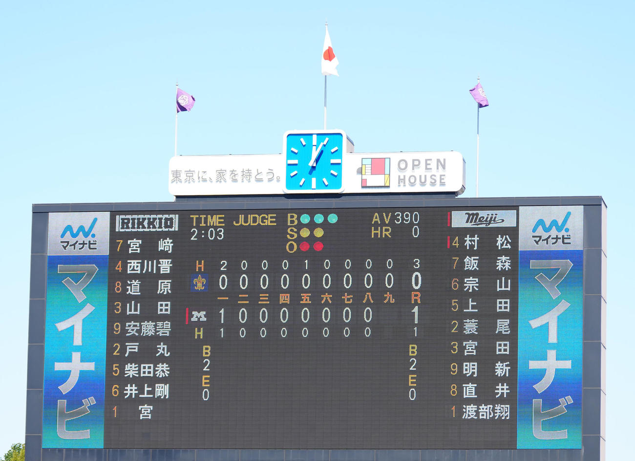立大－明大戦のスコアボード（撮影・江口和貴）