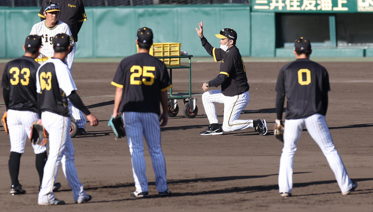 二遊間の守備練習で身ぶりを交え選手に指導する阪神岡田監督（右から2人目）（撮影・前田充）