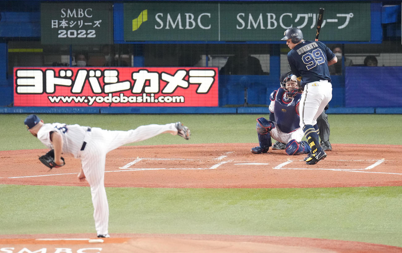 ヤクルト対オリックス　1回表オリックス2死二塁、死球を受ける杉本。投手サイスニード（撮影・鈴木みどり）