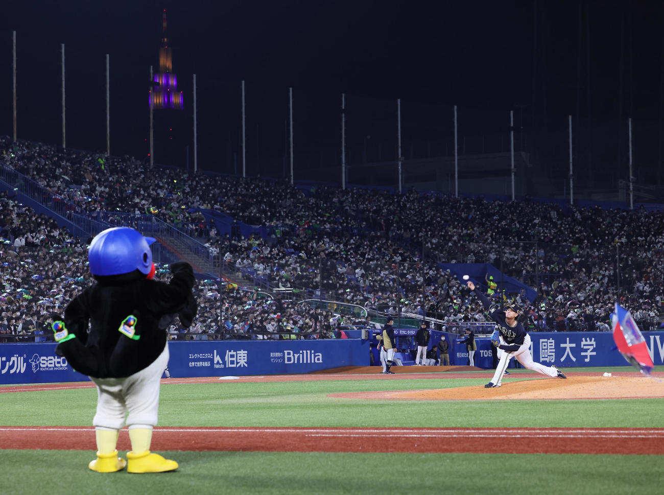 ヤクルト対オリックス　つば九郎が見つめる中、投球練習するオリックス宇田川（撮影・足立雅史）