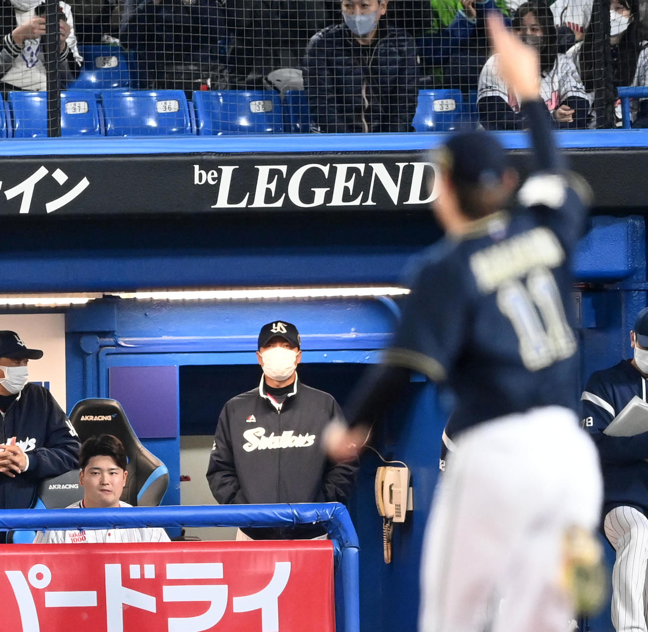 ヤクルト対オリックス　オリックスに敗れがっくりする村上（左）と高津監督（撮影・前岡正明）