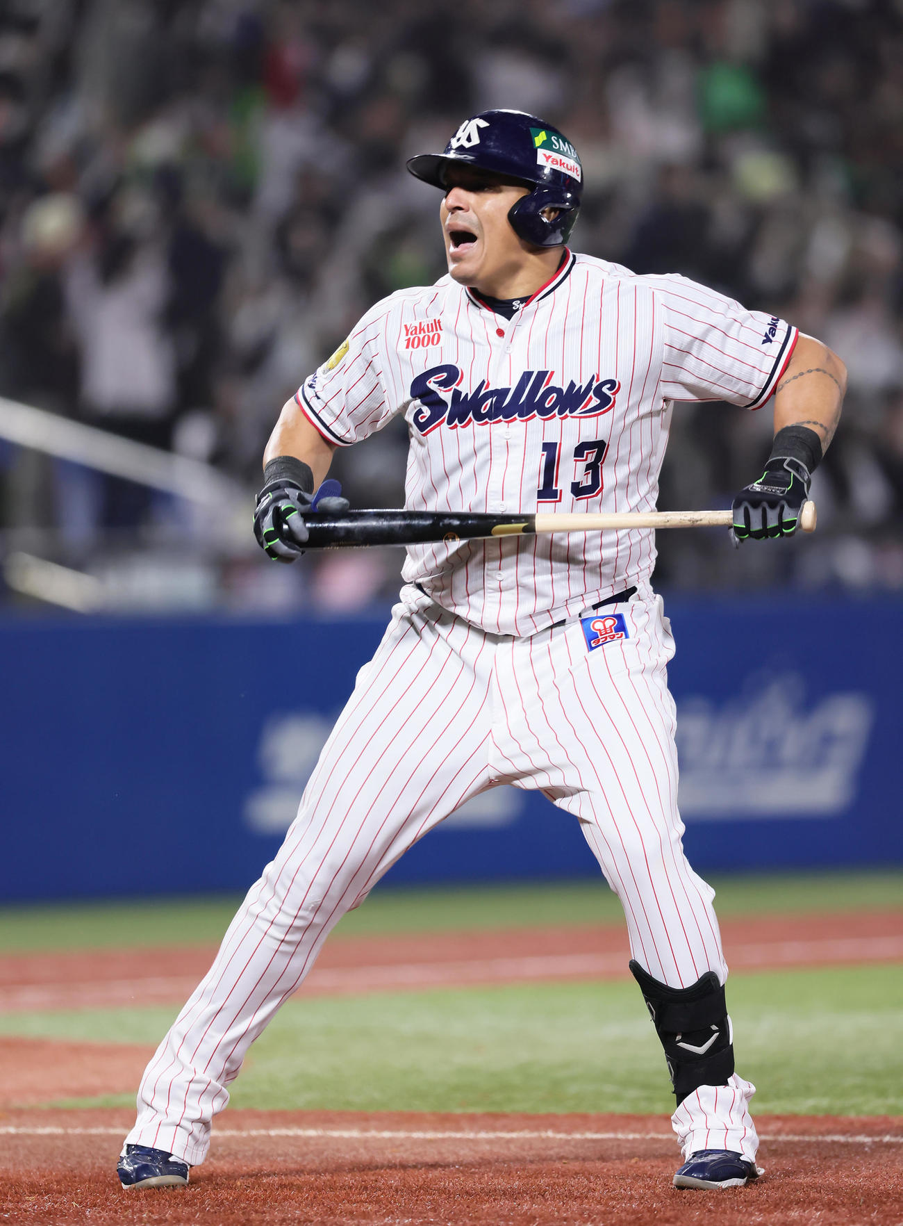 ヤクルト対オリックス　8回裏ヤクルト1死一、三塁、オスナは左越え3点本塁打を放ち絶叫する（撮影・足立雅史）