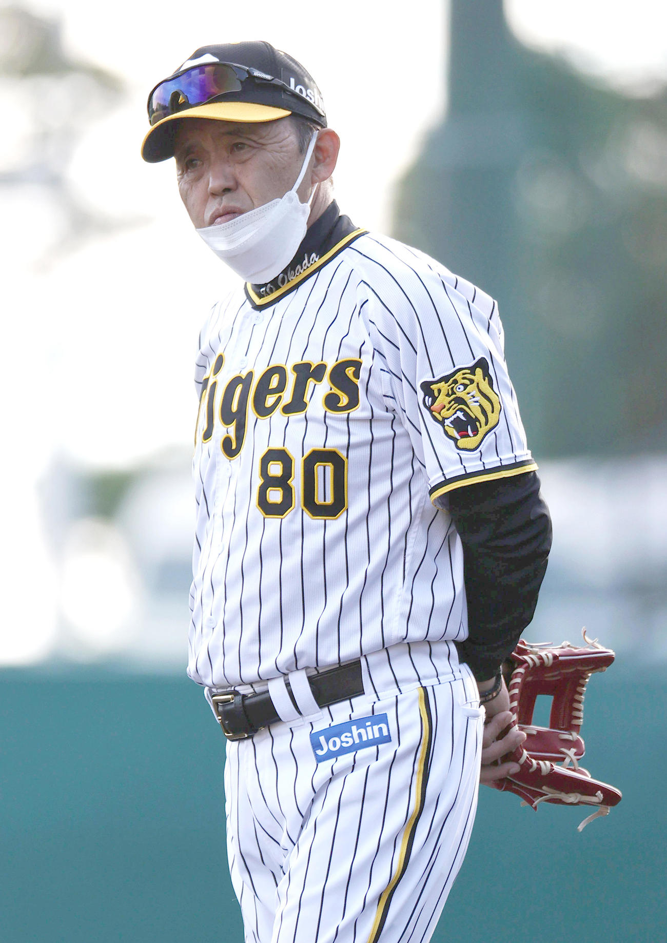 グラブをつけて練習を見る岡田監督（撮影・上山淳一）