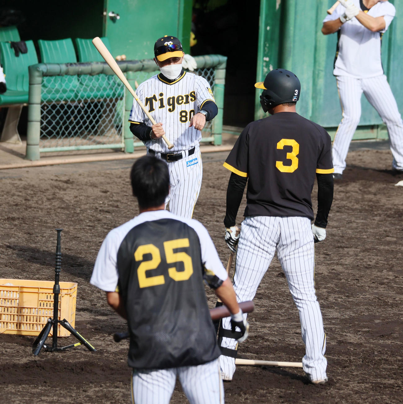 ティー打撃する大山（右）にアドバイスを送る岡田監督（撮影・加藤哉）
