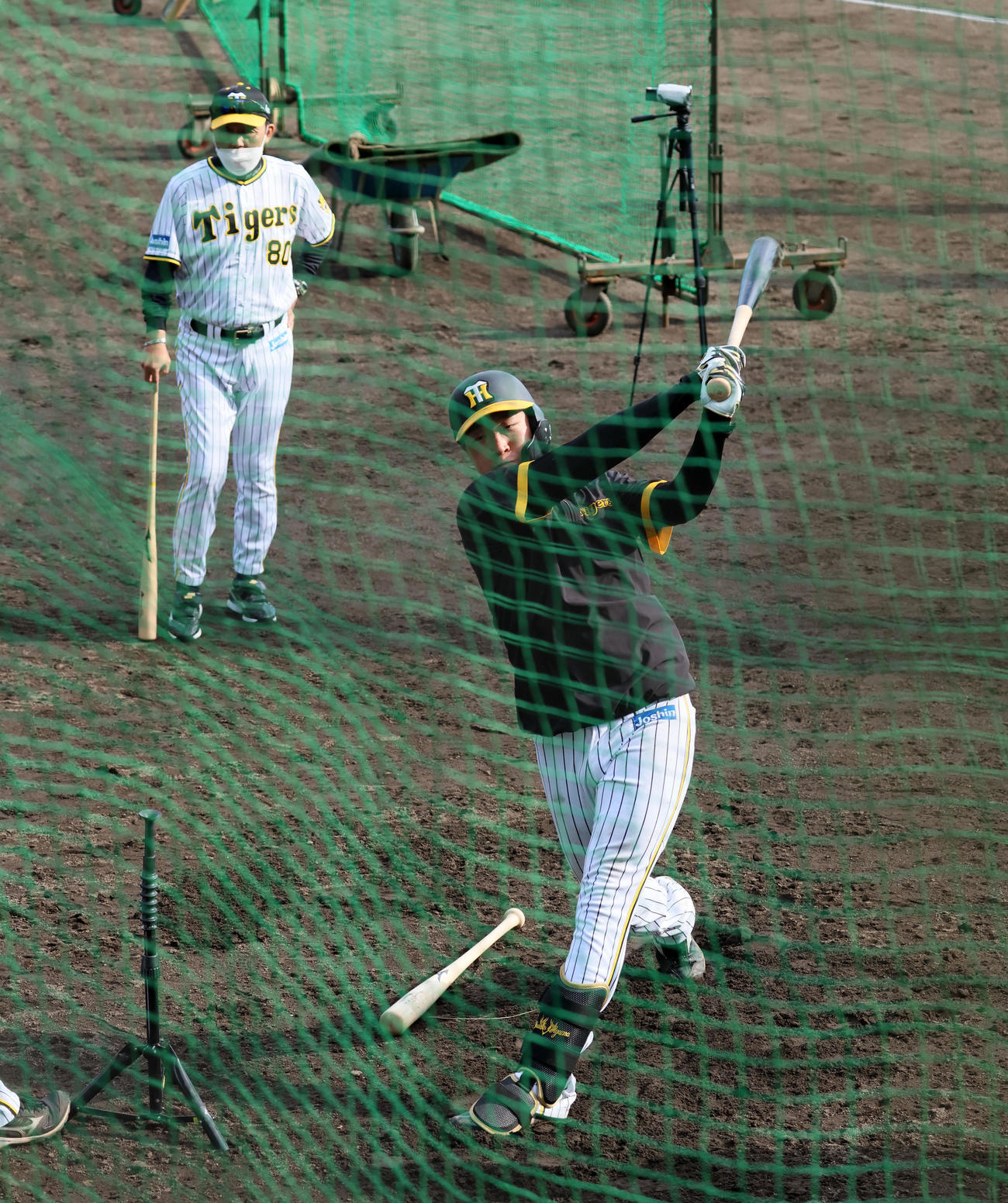 岡田監督の前でティー打撃する大山（撮影・加藤哉）