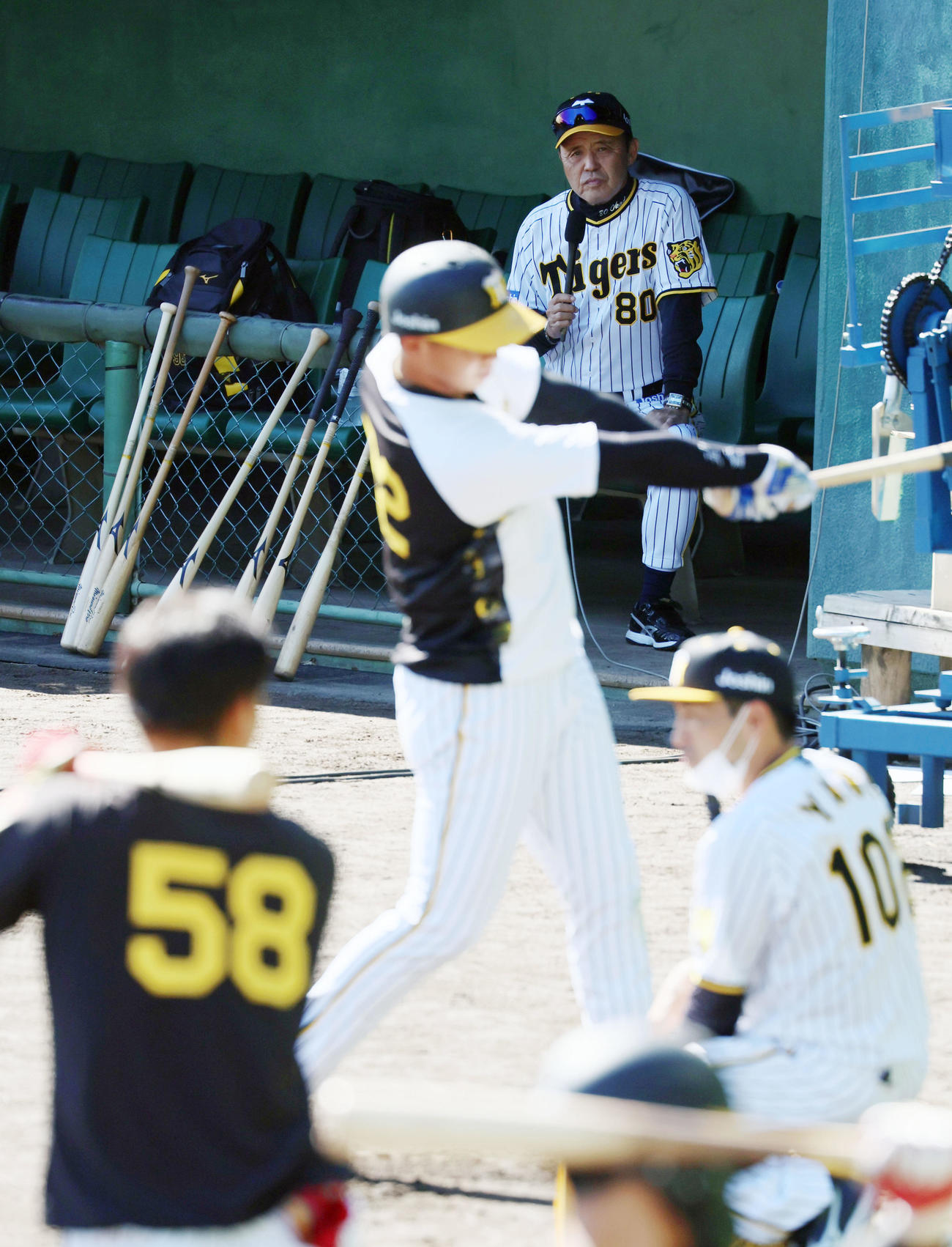 テレビインタビューをベンチの中で受けながら前川（左）、井上のティー打撃を見つめる岡田監督（撮影・加藤哉）