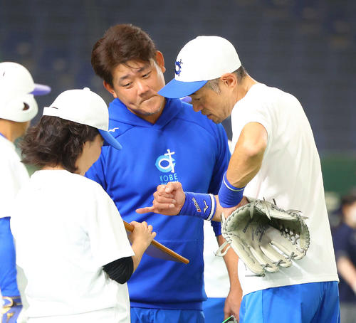 イチロー選抜対高校野球女子選抜　予定表を確認するイチロー氏（右）と松坂氏（撮影・河田真司）