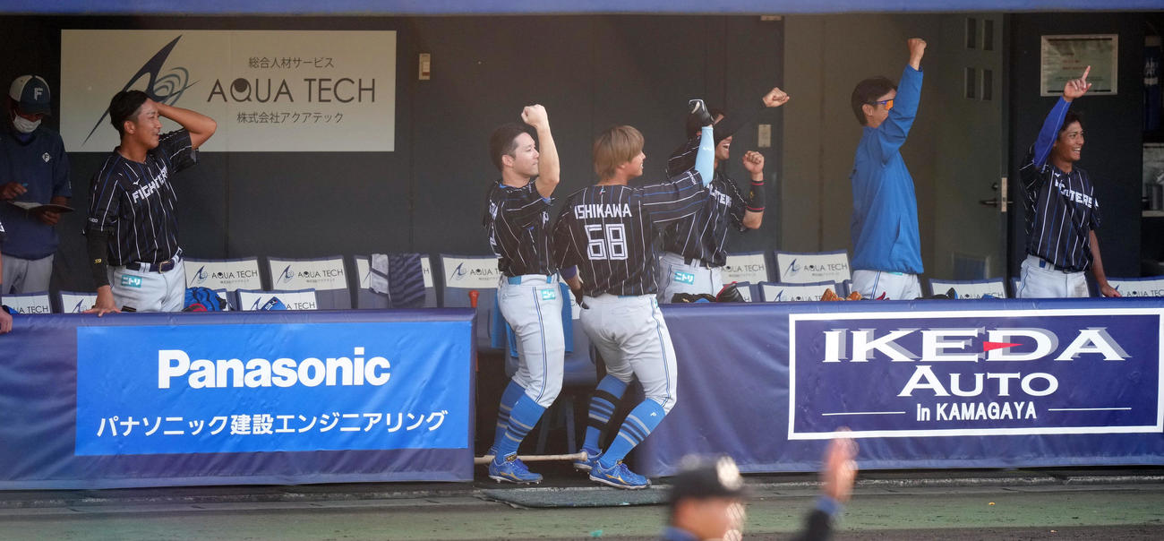 紅白戦の5回表2死二塁、郡の中適時三塁打に盛り上がる日本ハム杉谷（中央）らベンチ（撮影・鈴木みどり）