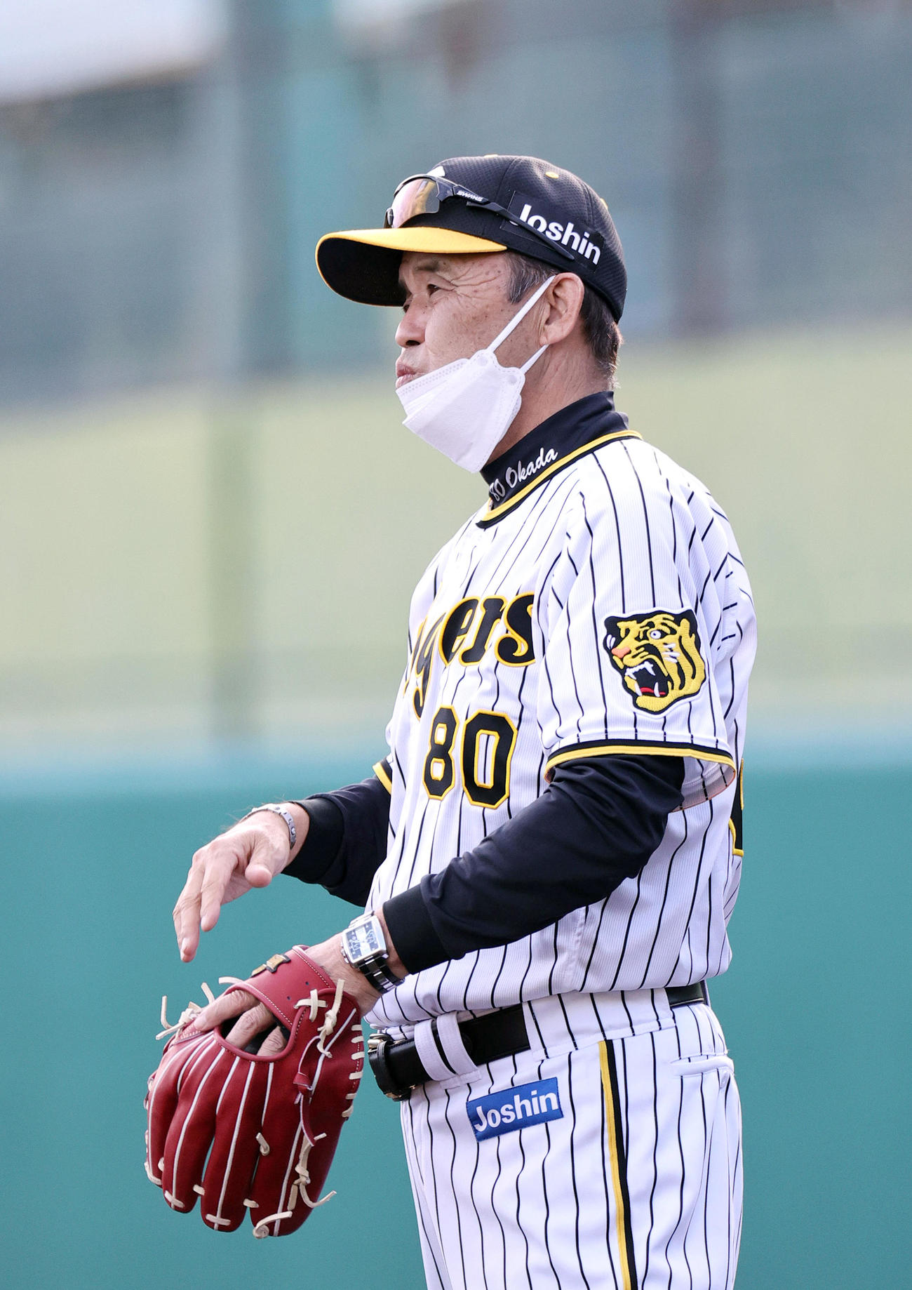 サブグラウンドで練習を見る岡田彰布監督（22年11月2日撮影）
