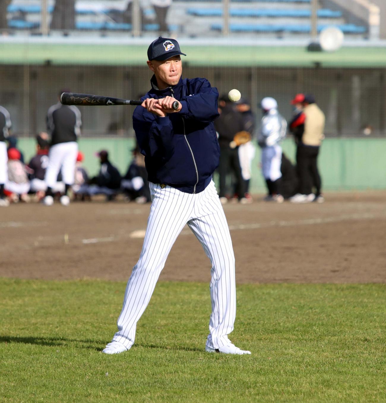 小学生相手にノックを打つ日本ハム外野守備走塁コーチに就任した森本氏（撮影・永野高輔）