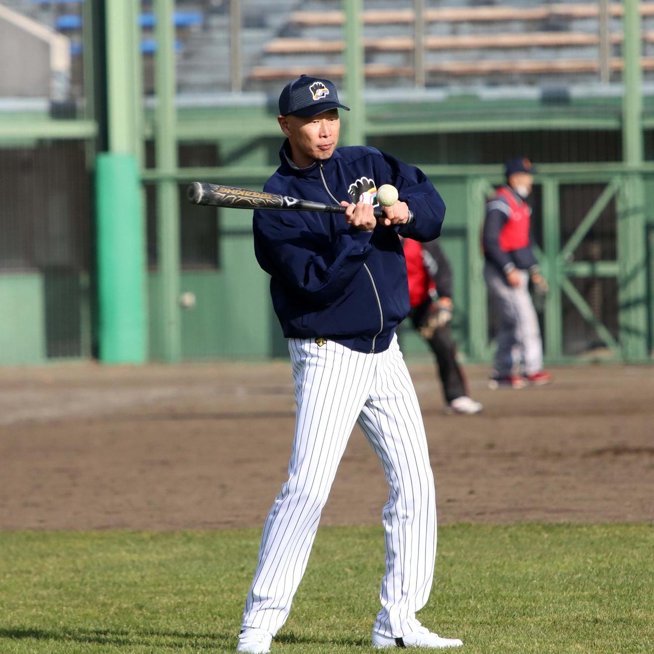 小学生相手にノックを打つ日本ハム外野守備走塁コーチに就任した森本氏（撮影・永野高輔）